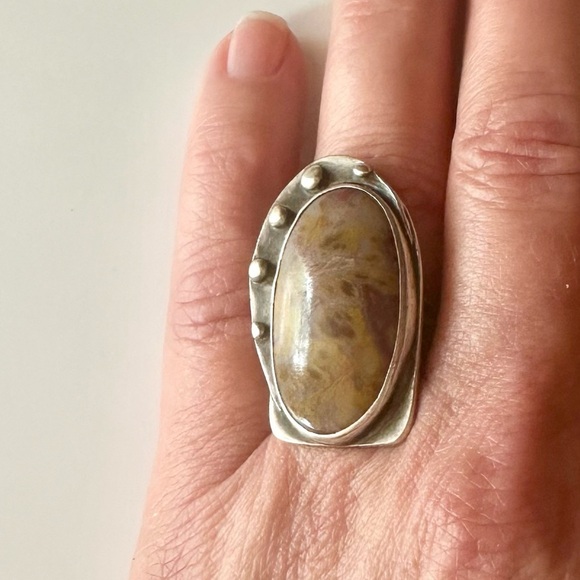 Hand Crafted Jewelry - Navajo Ring Vintage Sterling & Jasper Modernist Ring Size 6.5